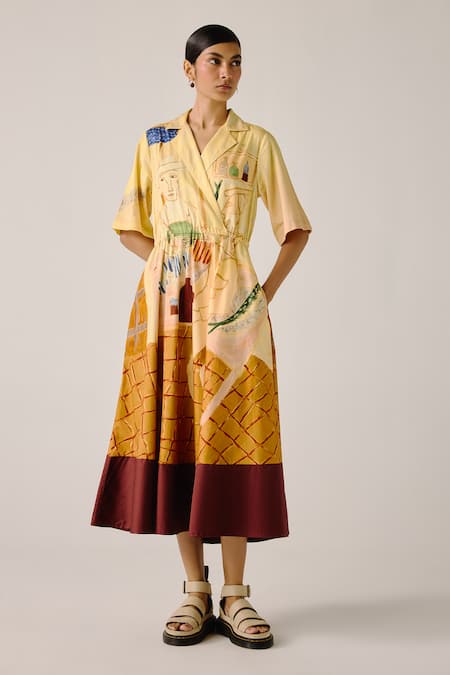 Cord Multicolor Fisherman Print Wrap Dress 