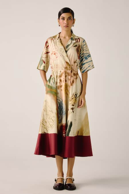 Cord Color Block Abstract Print Midi Dress 