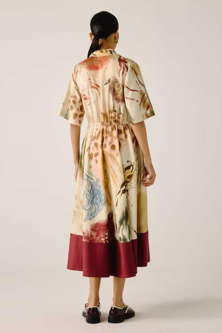 Cord Color Block Abstract Print Midi Dress 