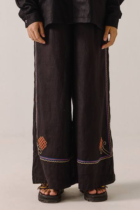 Cord_Black Linen Embroidery Collared Floral Scallop Shirt And Pant Set _Online_at_Aza_Fashions