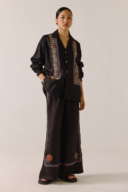 Cord Floral Scallop Embroidered Shirt & Pant Set 