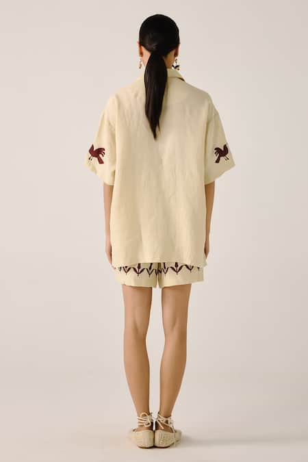 Cord Bird Applique Block Print Shirt & Shorts Set 