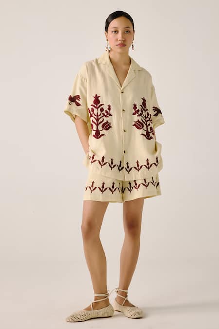 Cord Bird Applique Block Print Shirt & Shorts Set 