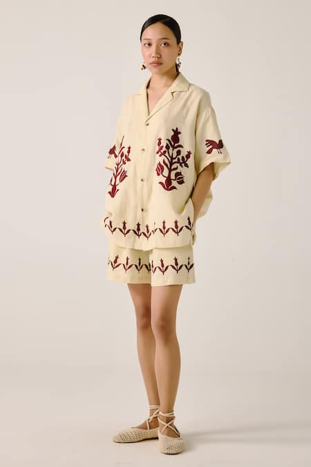 Cord_Ivory Linen Embroidery, Applique Collared Bird Block Print Shirt And Shorts Set _Online_at_Aza_Fashions