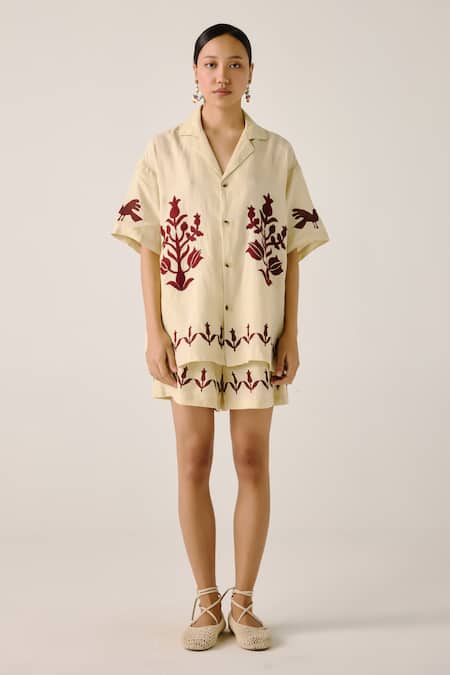 Buy_Cord_Ivory Linen Embroidery, Applique Collared Bird Block Print Shirt And Shorts Set _Online_at_Aza_Fashions