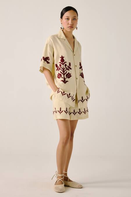 Shop_Cord_Ivory Linen Embroidery, Applique Collared Bird Block Print Shirt And Shorts Set _Online_at_Aza_Fashions