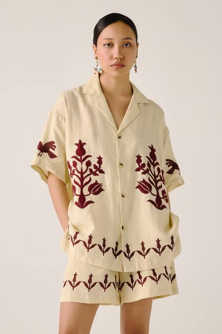 Cord_Ivory Linen Embroidery, Applique Collared Bird Block Print Shirt And Shorts Set _at_Aza_Fashions
