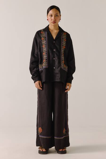 Cord_Black Linen Embroidery Collared Floral Scallop Shirt _Online_at_Aza_Fashions