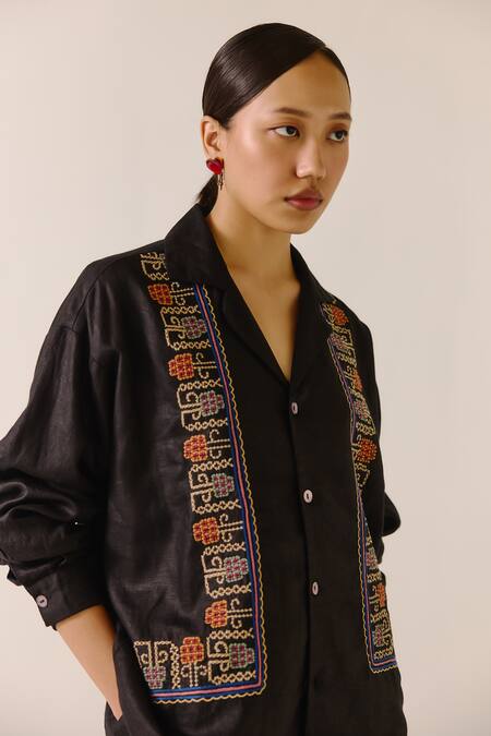 Buy_Cord_Black Linen Embroidery Collared Floral Scallop Shirt _Online_at_Aza_Fashions