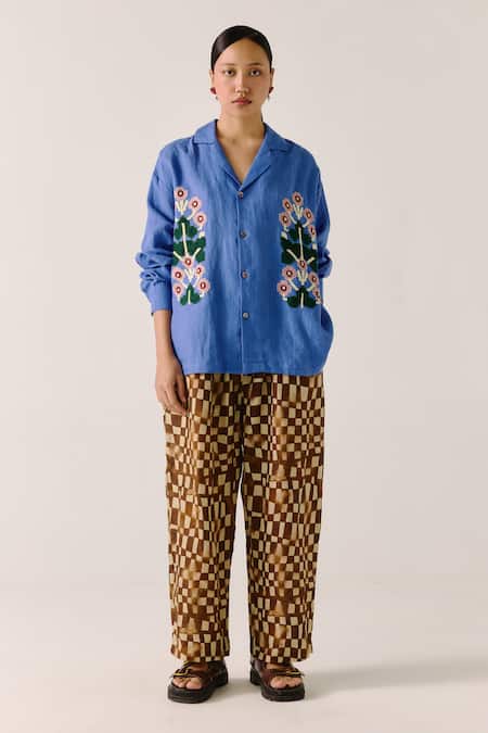 Cord_Blue Linen Applique Collared Embellished Floral Shirt _Online_at_Aza_Fashions