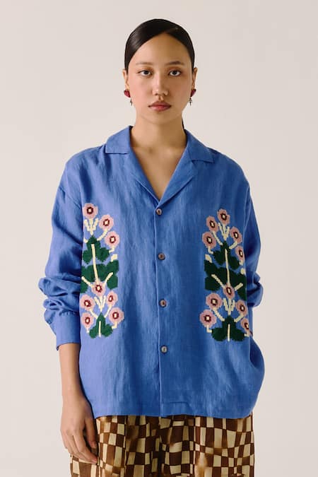 Cord Blue Linen Applique Collared Embellished Floral Shirt 