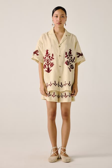Cord_Ivory Linen Embroidery Collared Block Print Bird Applique Shirt _Online_at_Aza_Fashions