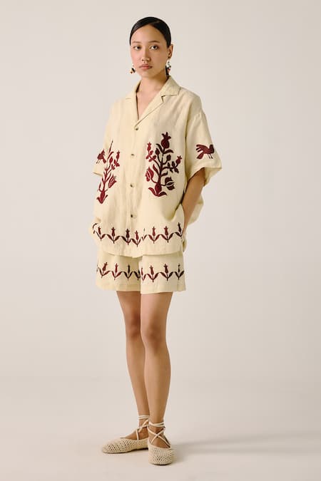 Buy_Cord_Ivory Linen Embroidery Collared Block Print Bird Applique Shirt _Online_at_Aza_Fashions