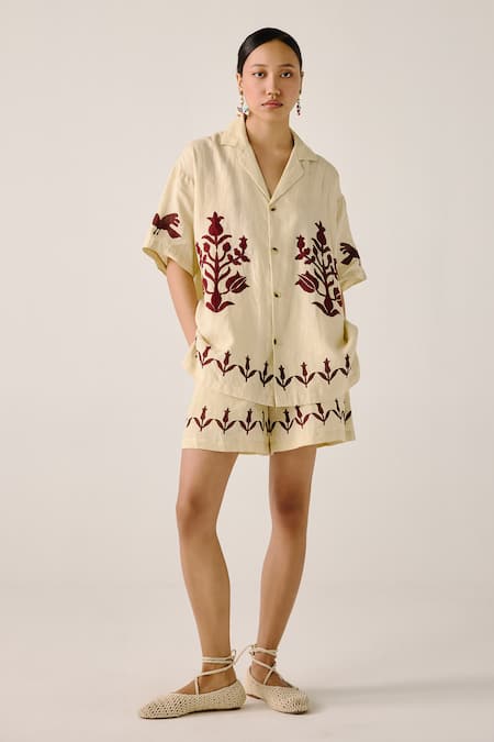 Cord Block Print Bird Applique Shirt 