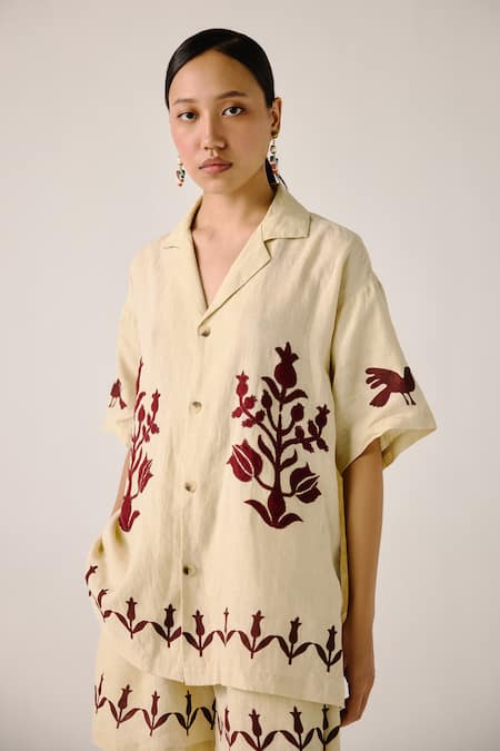 Cord Block Print Bird Applique Shirt 