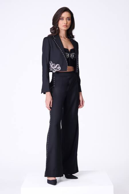 S&N By Shantnu Nikhil_Black Suede Embroidery Collared Baroque Border Jacket_Online_at_Aza_Fashions
