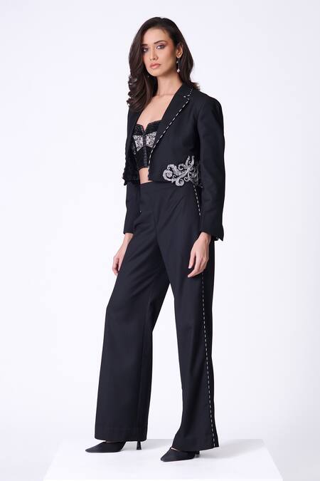 Buy_S&N By Shantnu Nikhil_Black Suede Embroidery Collared Baroque Border Jacket_Online_at_Aza_Fashions