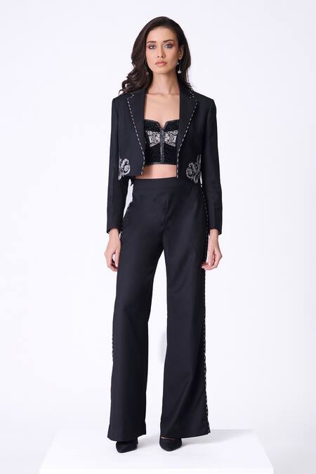 Shop_S&N By Shantnu Nikhil_Black Suede Embroidery Collared Baroque Border Jacket_Online_at_Aza_Fashions
