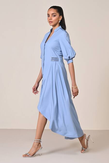 S&N By Shantnu Nikhil_Blue Terrycloth Fabric Flowers Faux Leather Embellished Asymmetric Dress_Online_at_Aza_Fashions