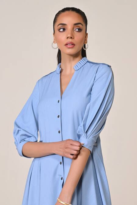 Buy_S&N By Shantnu Nikhil_Blue Terrycloth Fabric Flowers Faux Leather Embellished Asymmetric Dress_Online_at_Aza_Fashions