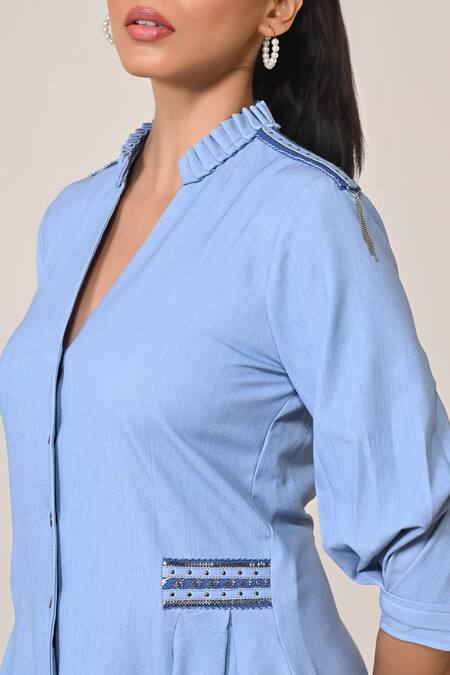 Shop_S&N By Shantnu Nikhil_Blue Terrycloth Fabric Flowers Faux Leather Embellished Asymmetric Dress_Online_at_Aza_Fashions