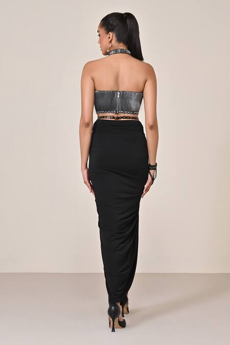Shop S&N By Shantnu Nikhil Silver Faux Leather Halter Neck Embellished Crop Top at Aza Fashions Shop_S&N By Shantnu Nikhil_Silver Faux Leather Halter Neck Embellished Crop Top_at_Aza_Fashions