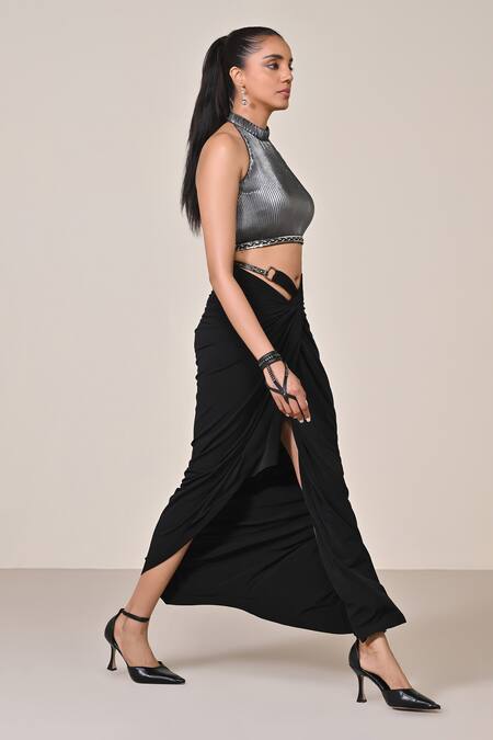 Shop S&N By Shantnu Nikhil Silver Faux Leather Halter Neck Embellished Crop Top Online at Aza Fashions Shop_S&N By Shantnu Nikhil_Silver Faux Leather Halter Neck Embellished Crop Top_Online_at_Aza_Fashions