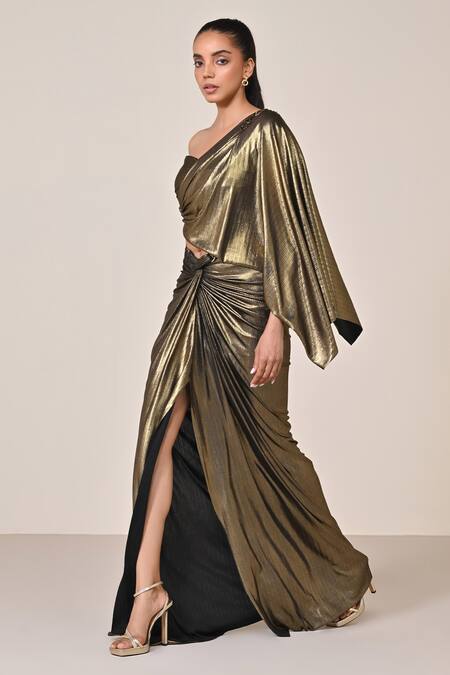 Buy S&N By Shantnu Nikhil Gold Lurex Asymmetric One Shoulder Embellished Top Online at Aza Fashions Buy_S&N By Shantnu Nikhil_Gold Lurex Asymmetric One Shoulder Embellished Top_Online_at_Aza_Fashions