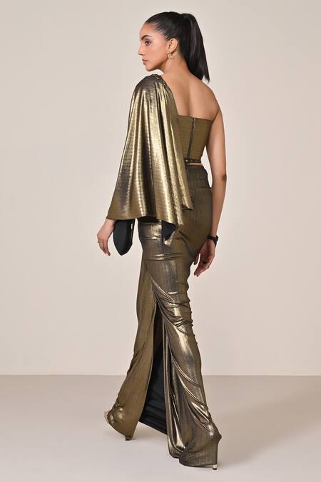 Shop S&N By Shantnu Nikhil Gold Lurex Asymmetric One Shoulder Embellished Top at Aza Fashions Shop_S&N By Shantnu Nikhil_Gold Lurex Asymmetric One Shoulder Embellished Top_at_Aza_Fashions