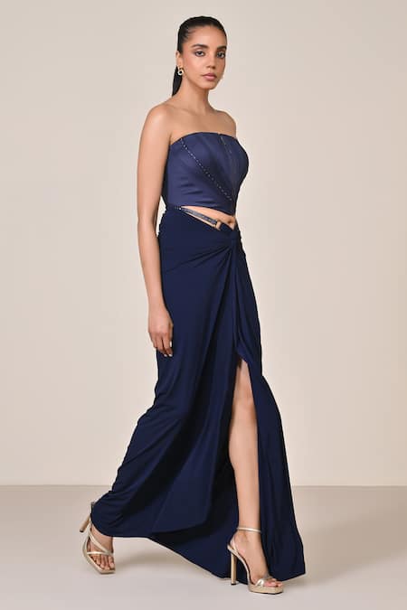 S&N By Shantnu Nikhil_Blue Polyester Square Neck Metallic Rivet Embellished Corset Top_Online_at_Aza_Fashions