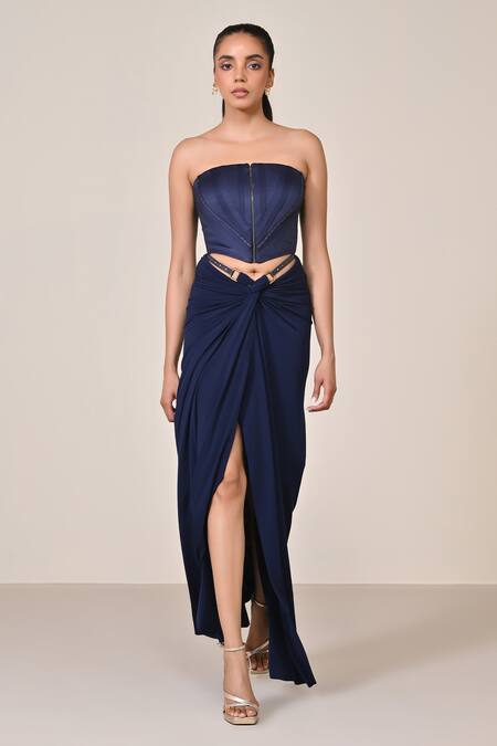 Buy_S&N By Shantnu Nikhil_Blue Polyester Square Neck Metallic Rivet Embellished Corset Top_Online_at_Aza_Fashions