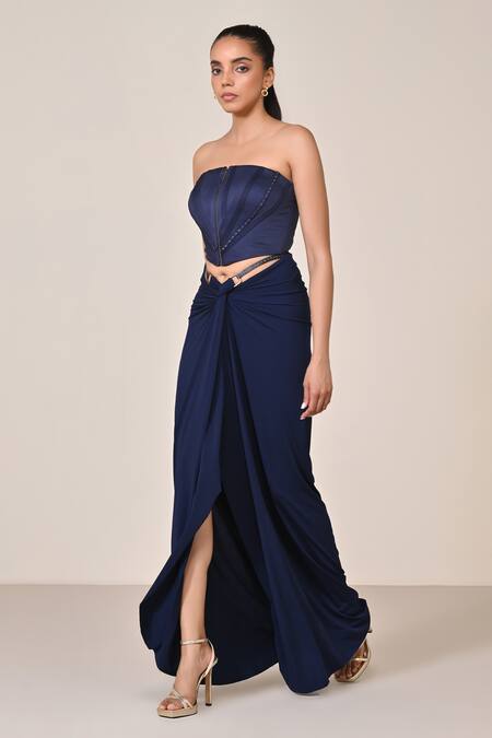 Shop_S&N By Shantnu Nikhil_Blue Polyester Square Neck Metallic Rivet Embellished Corset Top_Online_at_Aza_Fashions