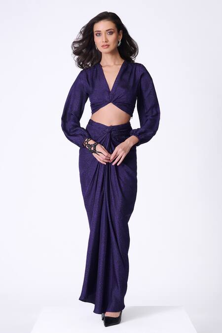 S&N By Shantnu Nikhil Purple Silk V-neck Leopard Print Crop Top Online at Aza Fashions S&N By Shantnu Nikhil_Purple Silk V-neck Leopard Print Crop Top_Online_at_Aza_Fashions