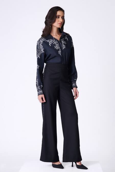 S&N By Shantnu Nikhil_Black Silk Embroidery Collared Baroque Print Twill Shirt_Online_at_Aza_Fashions
