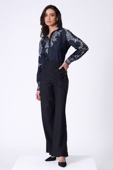 Buy_S&N By Shantnu Nikhil_Black Silk Embroidery Collared Baroque Print Twill Shirt_Online_at_Aza_Fashions