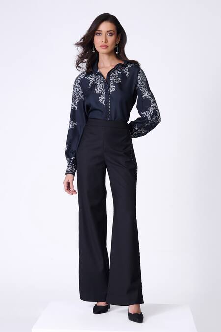 Shop_S&N By Shantnu Nikhil_Black Silk Embroidery Collared Baroque Print Twill Shirt_Online_at_Aza_Fashions