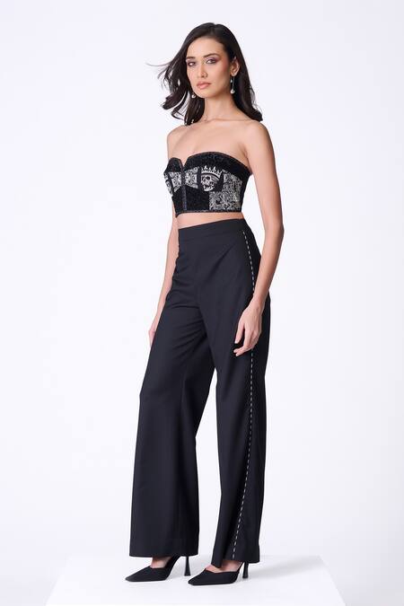 S&N By Shantnu Nikhil_Black Viscose Asymmetric Embellished Skull Print Corset_Online_at_Aza_Fashions