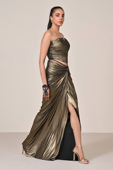 Buy_S&N By Shantnu Nikhil_Gold Lurex Studs V-neck Metallic Embellished Corset Top_Online_at_Aza_Fashions