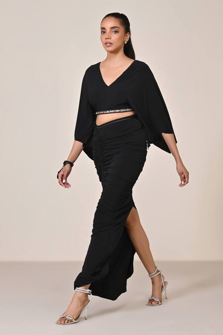 S&N By Shantnu Nikhil_Black Jersey, Spandex Cut Work, Sequins V-neck Cutdana Embellished Crop Top_Online_at_Aza_Fashions