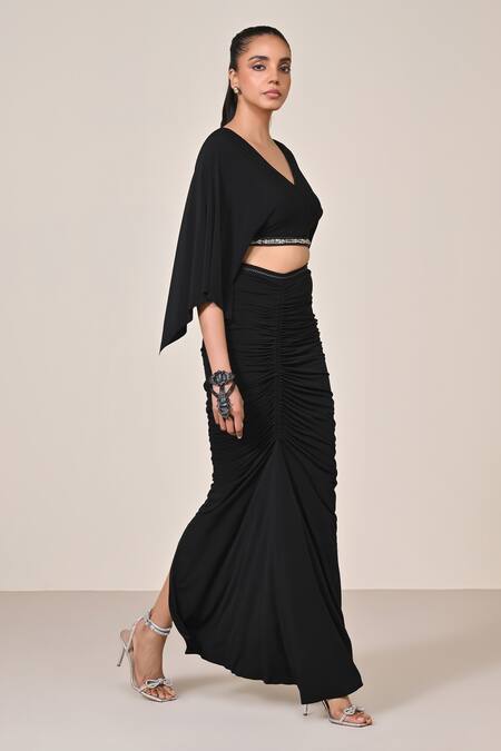 Shop_S&N By Shantnu Nikhil_Black Jersey, Spandex Cut Work, Sequins V-neck Cutdana Embellished Crop Top_Online_at_Aza_Fashions