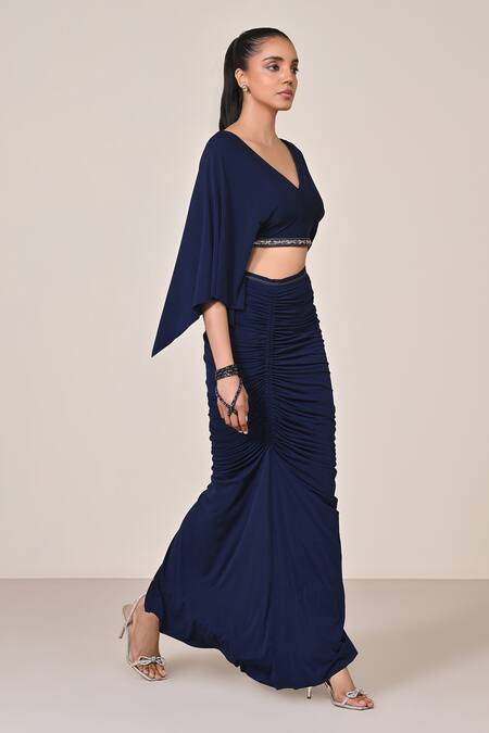 Buy_S&N By Shantnu Nikhil_Blue Jersey, Spandex Cut Work, Sequins Navy Placement Embellished Crop Top_Online_at_Aza_Fashions