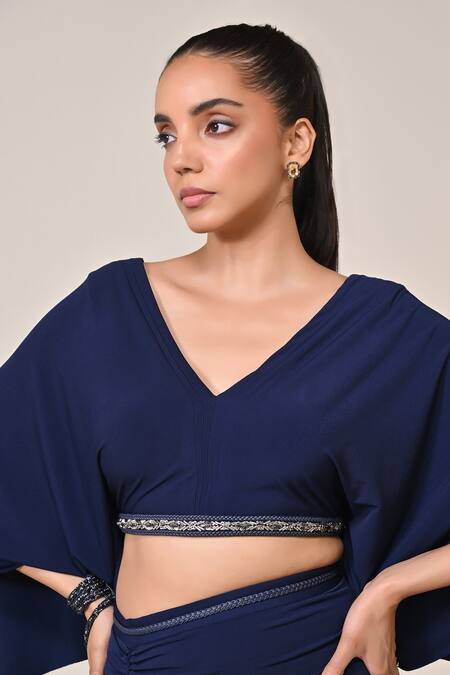 Shop_S&N By Shantnu Nikhil_Blue Jersey, Spandex Cut Work, Sequins Navy Placement Embellished Crop Top_Online_at_Aza_Fashions