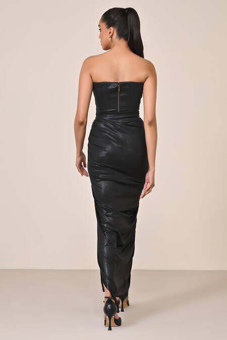 Shop_S&N By Shantnu Nikhil_Black Jersey, Faux Leather, Velvet Draped Corset Gown With Ring Detail_at_Aza_Fashions