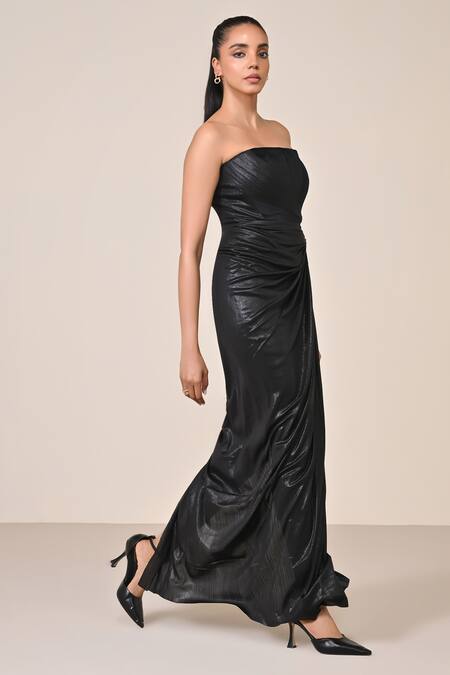 S&N By Shantnu Nikhil_Black Jersey, Faux Leather, Velvet Draped Corset Gown With Ring Detail_Online_at_Aza_Fashions