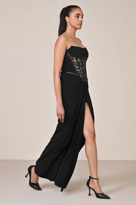 S&N By Shantnu Nikhil_Black Jersey, Spandex Embroidery Square Neck Floral Lace Corset Gown_Online_at_Aza_Fashions