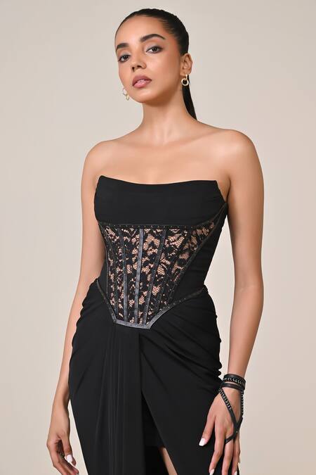 Shop_S&N By Shantnu Nikhil_Black Jersey, Spandex Embroidery Square Neck Floral Lace Corset Gown_Online_at_Aza_Fashions