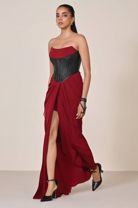 Buy_S&N By Shantnu Nikhil_Maroon Jersey, Spandex Open Neck Corset Gown With Rivet Embellishments_Online_at_Aza_Fashions
