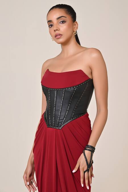 Shop_S&N By Shantnu Nikhil_Maroon Jersey, Spandex Open Neck Corset Gown With Rivet Embellishments_Online_at_Aza_Fashions