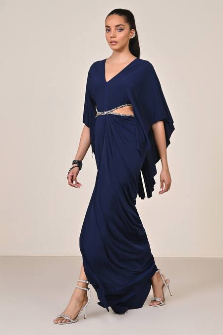 S&N By Shantnu Nikhil_Blue Jersey Cut Work, Sequins V-neck Navy Draped Gown With Waist Cut-out_Online_at_Aza_Fashions