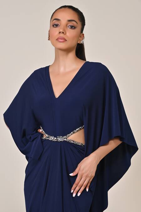 Shop_S&N By Shantnu Nikhil_Blue Jersey Cut Work, Sequins V-neck Navy Draped Gown With Waist Cut-out_Online_at_Aza_Fashions